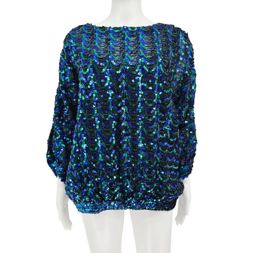 Vintage 80's Sequin Glam Top Blue Green L